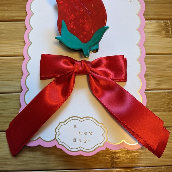 Red Rose Hair Claw Clip And Satin Bow Barrette Set Belle Disney New Accessories - Picture 6 of 6